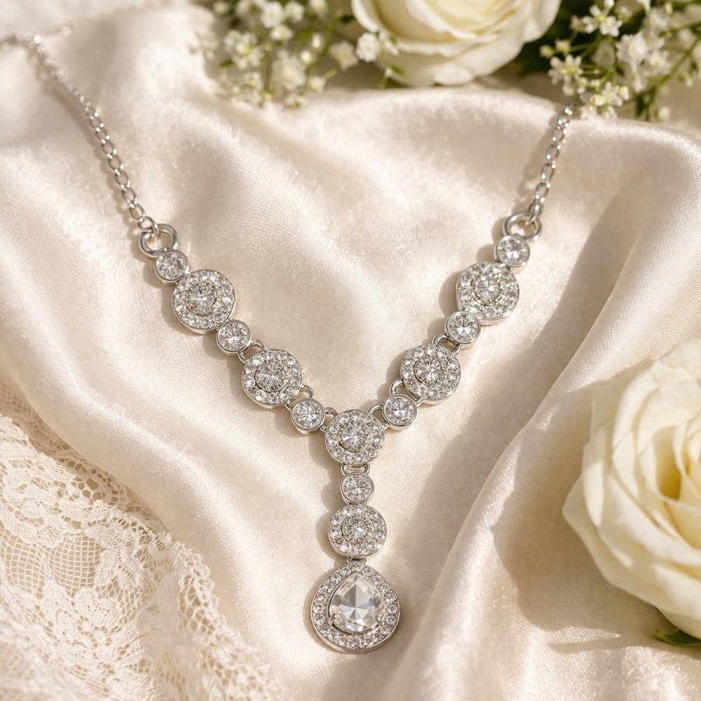 Napier Silver Tone Crystal Teardrop Y-Necklace Pavé Round Link Bridal Statement